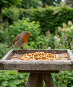 Roodborstje op voedertafel met meelwormen