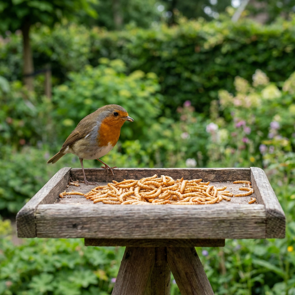 Roodborstje op voedertafel met meelwormen