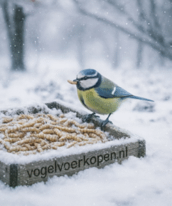 Pimpelmees eet meelwormen uit bak in sneeuw.