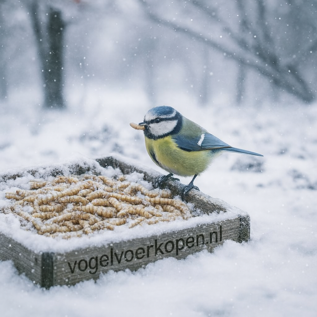 Pimpelmees eet meelwormen uit bak in sneeuw.
