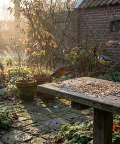 Roodborstje en pimpelmees op tuinbank met vogelzaad