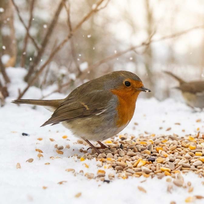 Roodborstje eet zaden in de sneeuw.