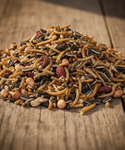 Gedroogd vogelvoer met zaden en insecten op tafel.