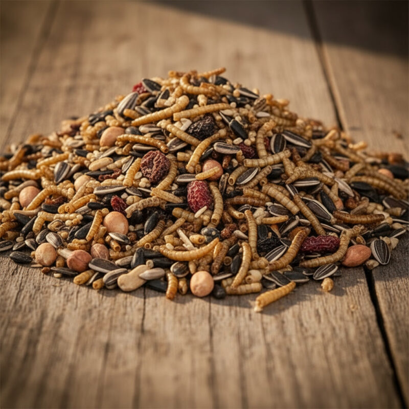 Gedroogd vogelvoer met zaden en insecten op tafel.