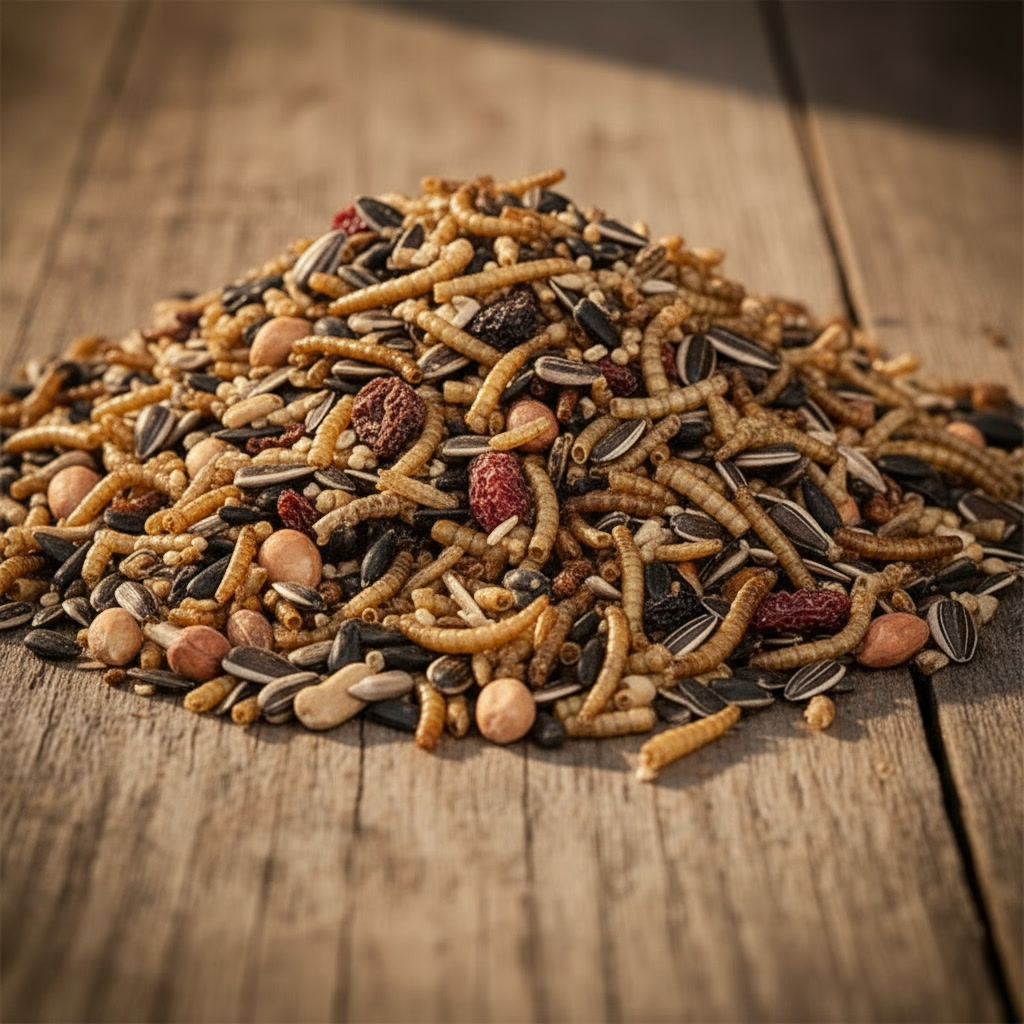 Gedroogd vogelvoer met zaden en insecten op tafel.