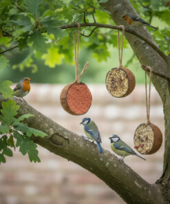 Vogels eten van gevulde kokosnoten in boom.