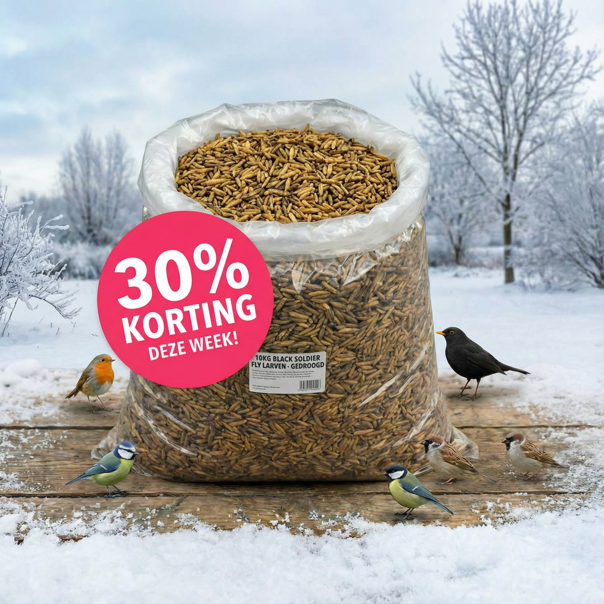 Zak gedroogde larven met 30% korting, vogels erbij.