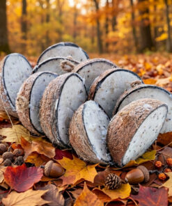 Halve kokosnoten met herfstbladeren en eikels in bos.