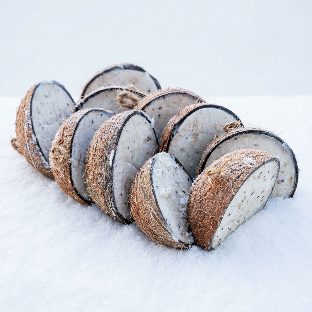 Halve kokosnoten in de sneeuw op een rij