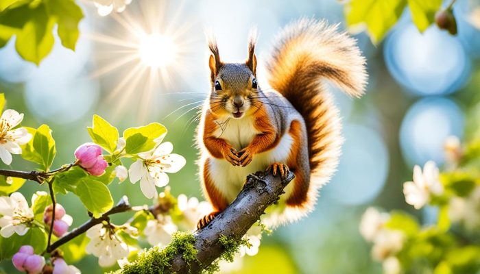 Eekhoorn op een tak in de lente.
