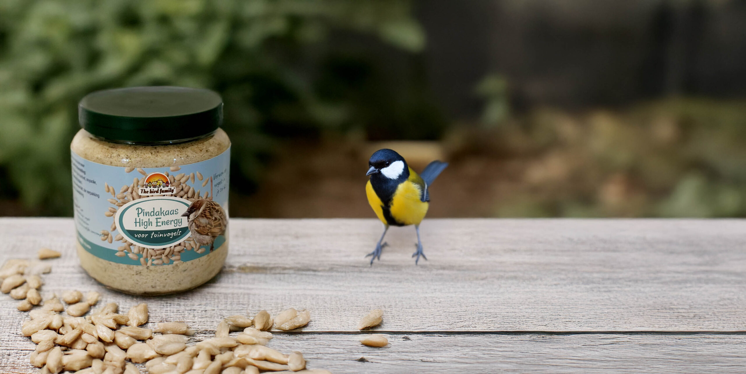 Vogel naast pot vogelpindakaas en zaden op tafel.
