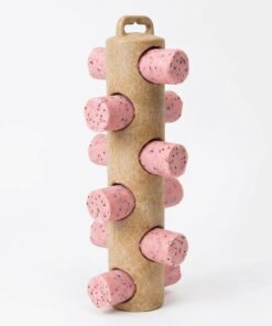 Standaard met roze cilindervormige objecten erin geplaatst.