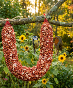 Vogels op pindaslinger in de tuin