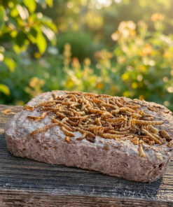Vogelvoerblok met gedroogde meelwormen op plank
