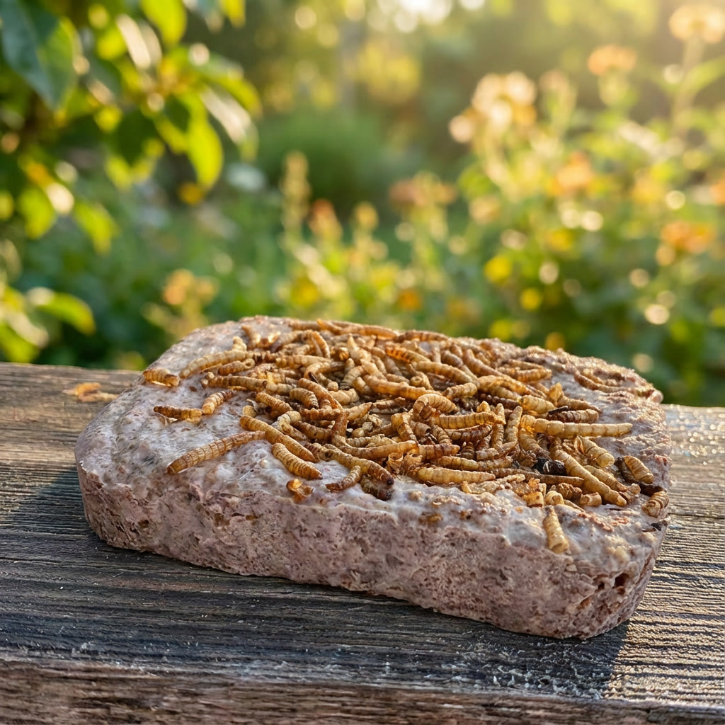 Vogelvoerblok met gedroogde meelwormen op plank