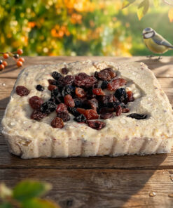 Vogelvoer met gedroogd fruit op houten tafel buiten.