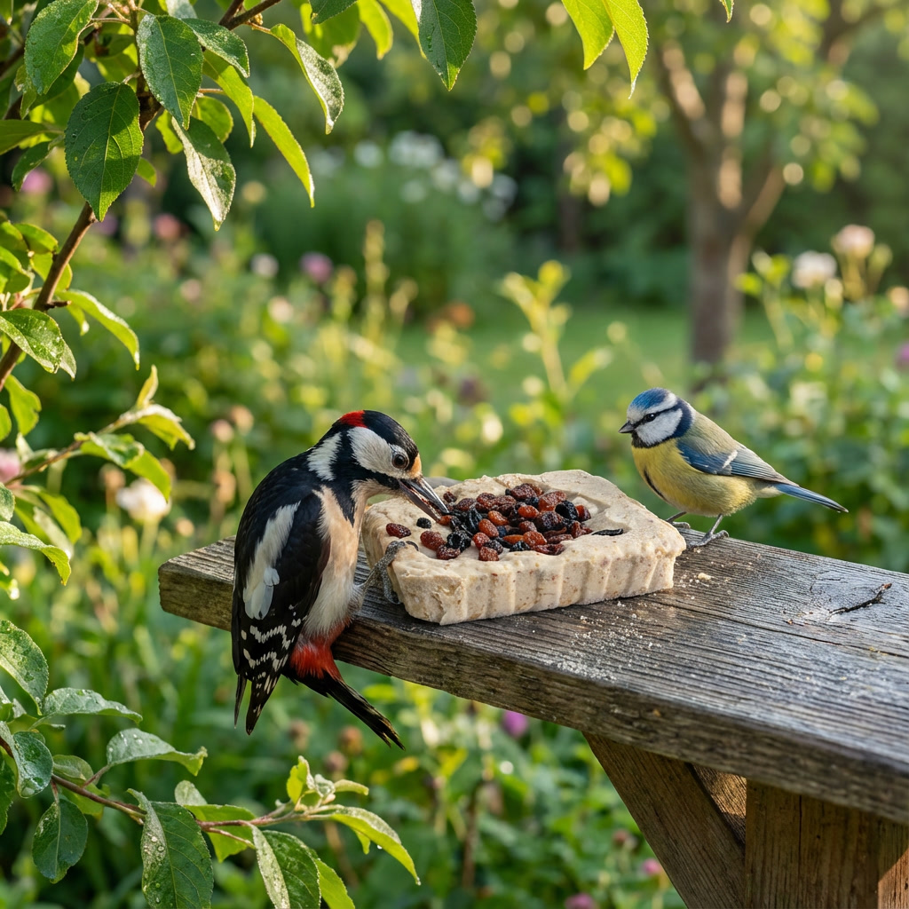 Specht en pimpelmees eten van vetblok vruchten