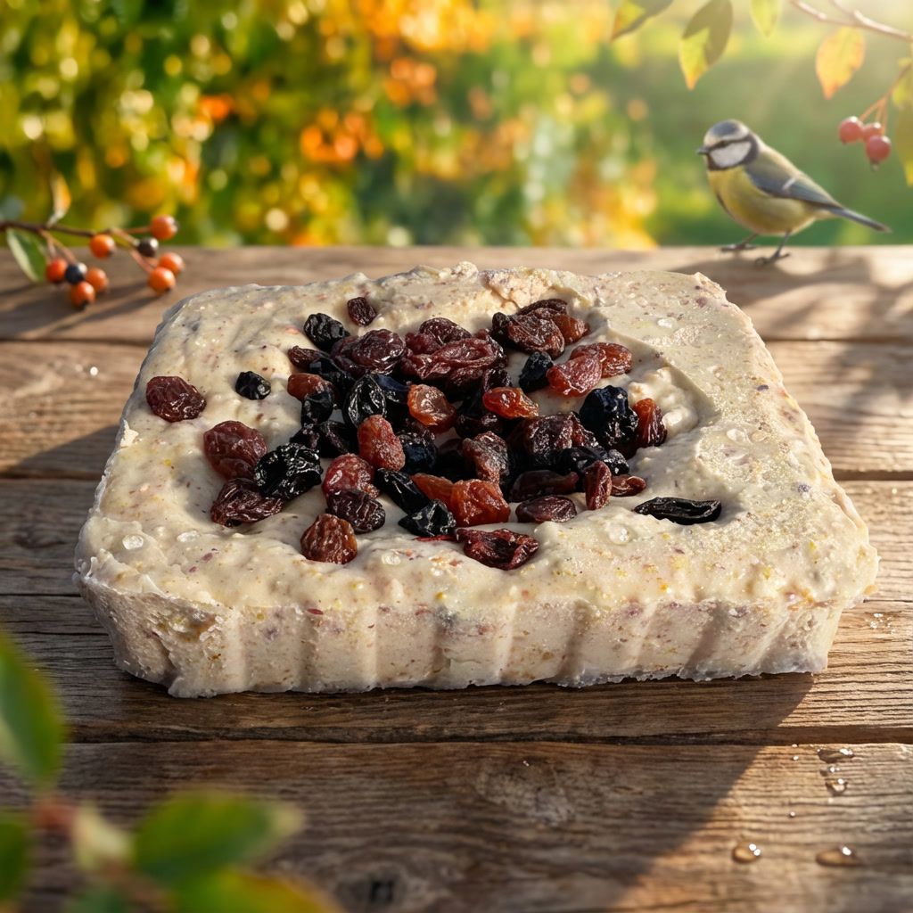 Vogelvoer met gedroogd fruit op houten tafel buiten.