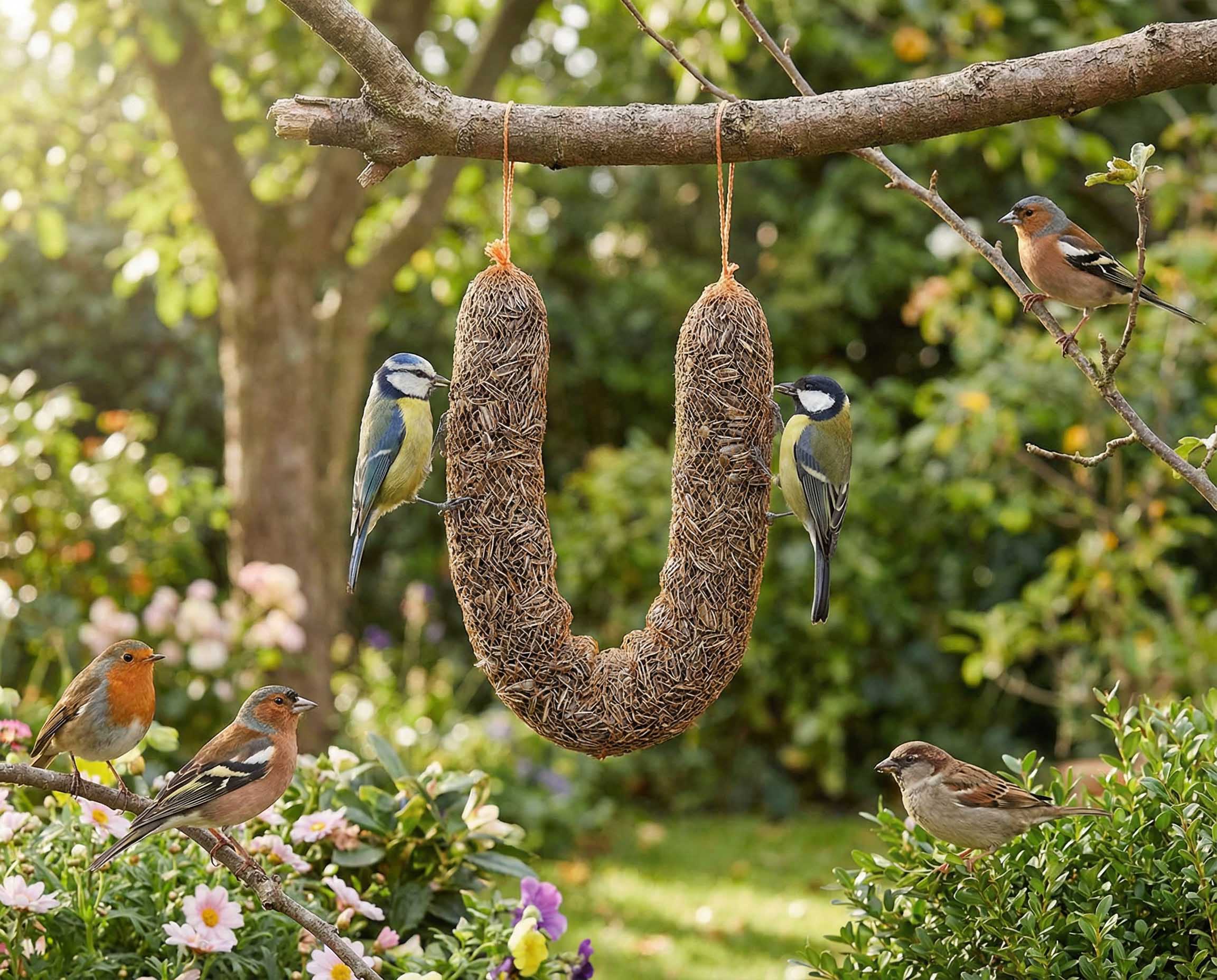 Vogels eten van opgehangen zonnepitslinger in tuin.