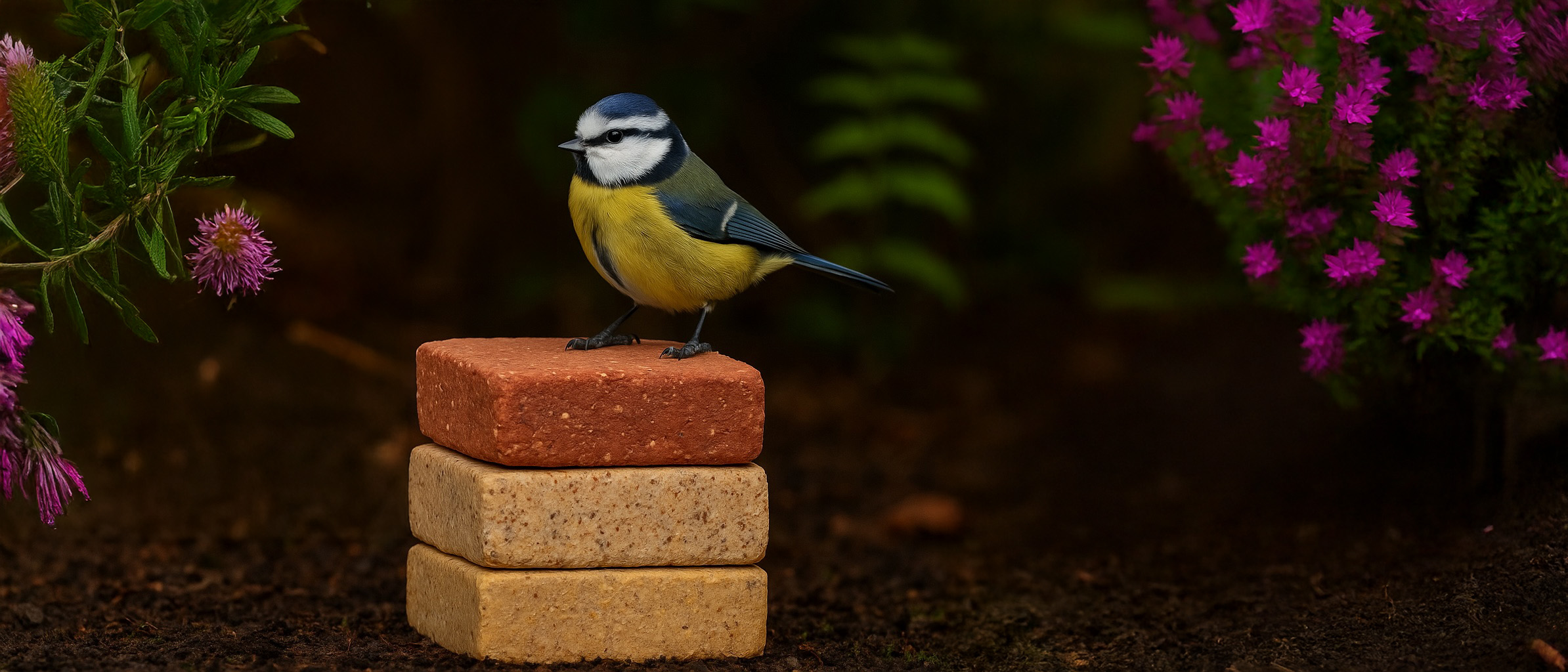 Pimpelmees op gestapelde stenen in bloemenrijke tuin.
