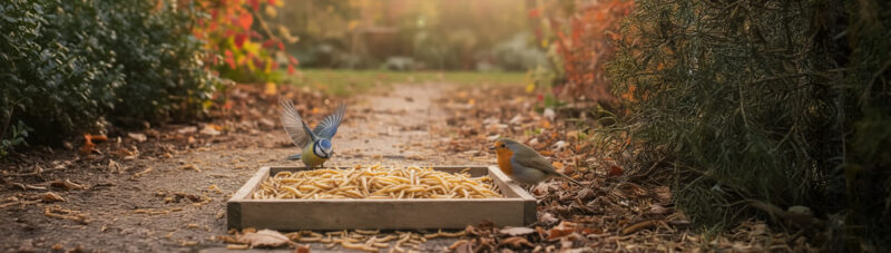 Twee vogels eten insecten in de tuin