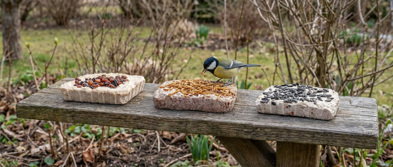 Koolmees eten vetblokken op een houten plank.