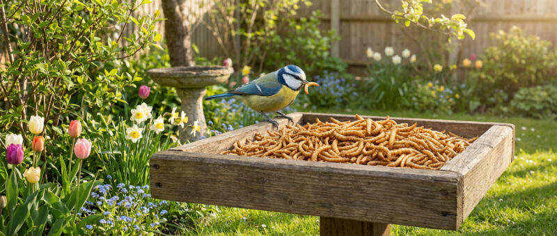Pimpelmees op voederbak met meelwormen in tuin