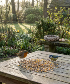 Twee vogels eten zaden op tuintafel