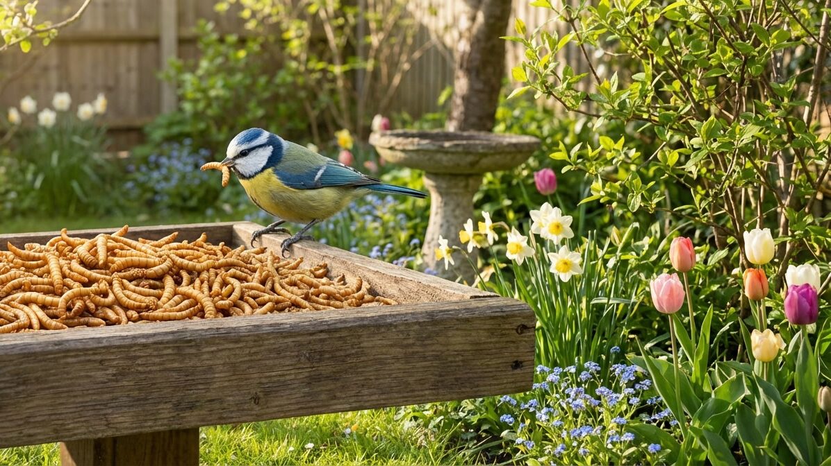 Pimpelmees op voederbak met meelwormen