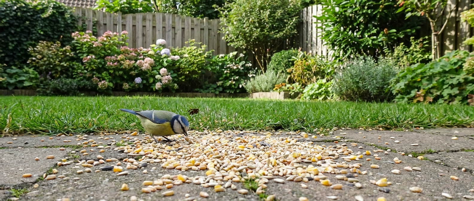 Pimpelmees eet zaden in groene achtertuin