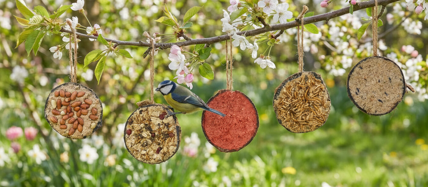 Pimpelmees op vogelvoer schijven hangend aan bloesemtak