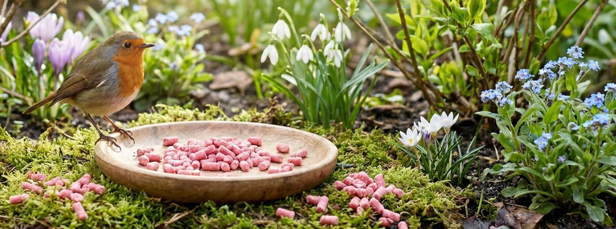 Roodborstje bij voederschaal met roze vogelvoer in tuin