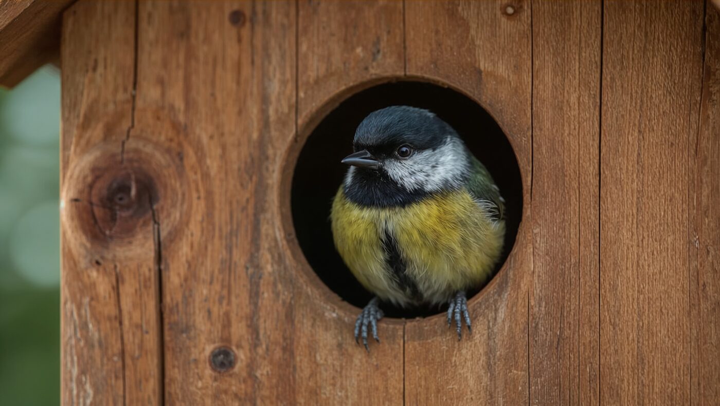 Koolmees (Parus major) bij de ingang van een houten nestkastje in de tuin