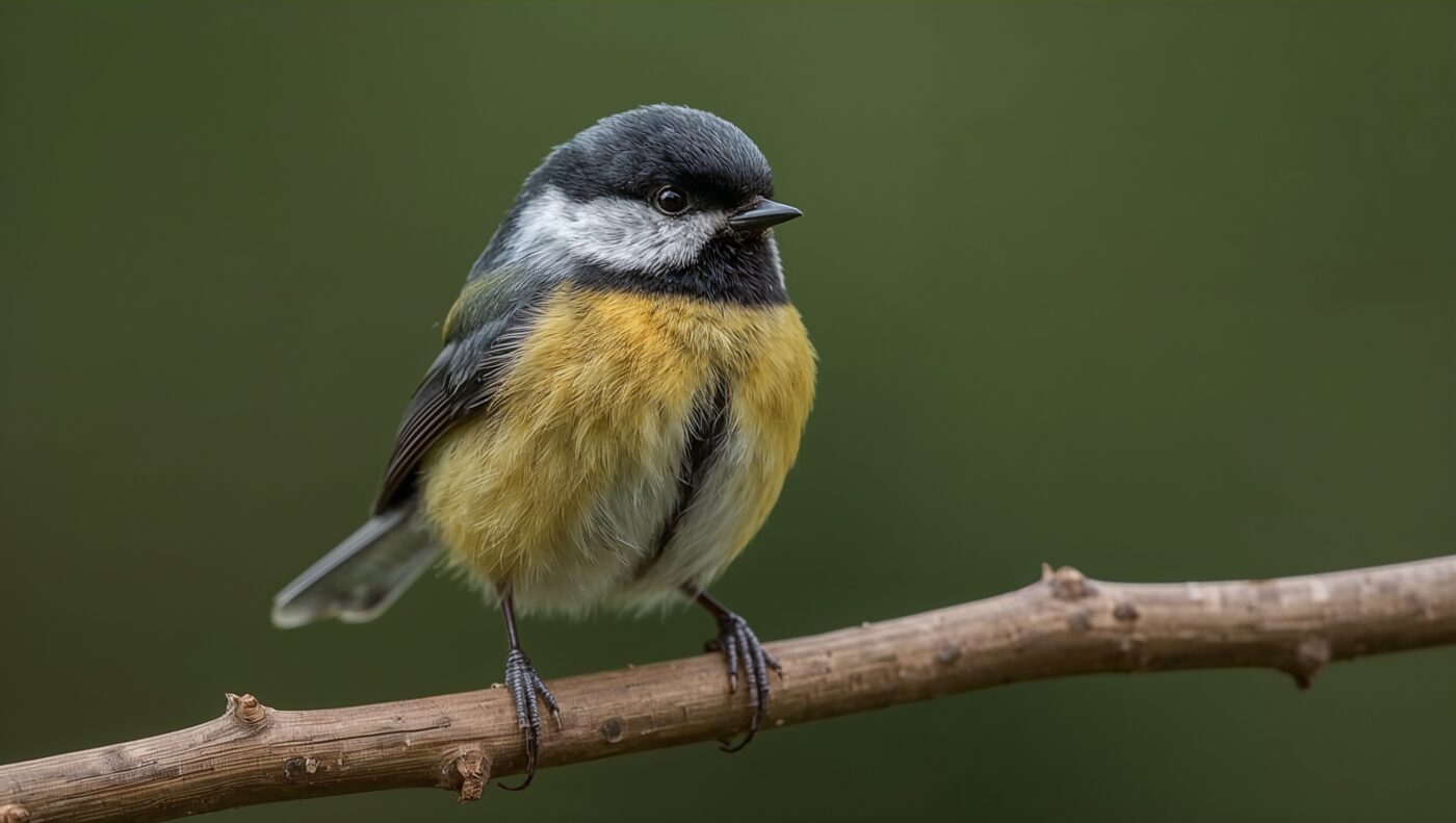 Koolmees (Parus major) zittend op een houten tak in de tuin
