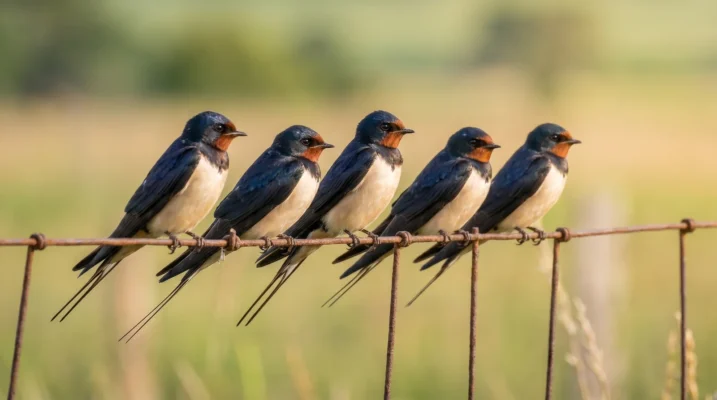 Boerenzwaluwen met lange staartpennen op een rij op een draad in een zomers landschap