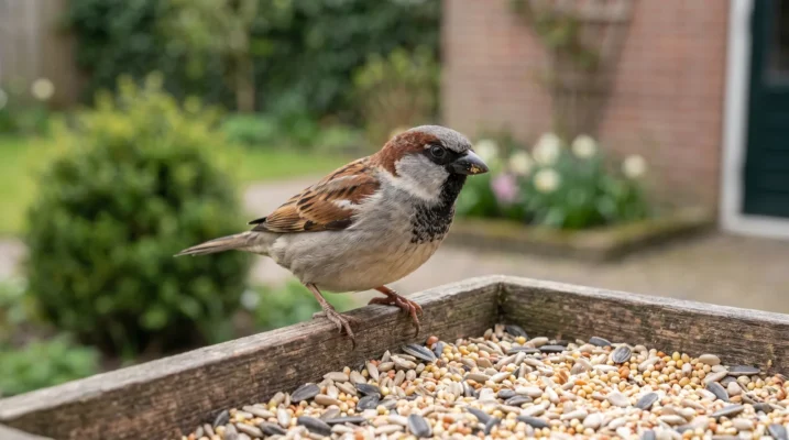 Mannetjeshuismus op een voederplek met zaden in een Nederlandse tuin