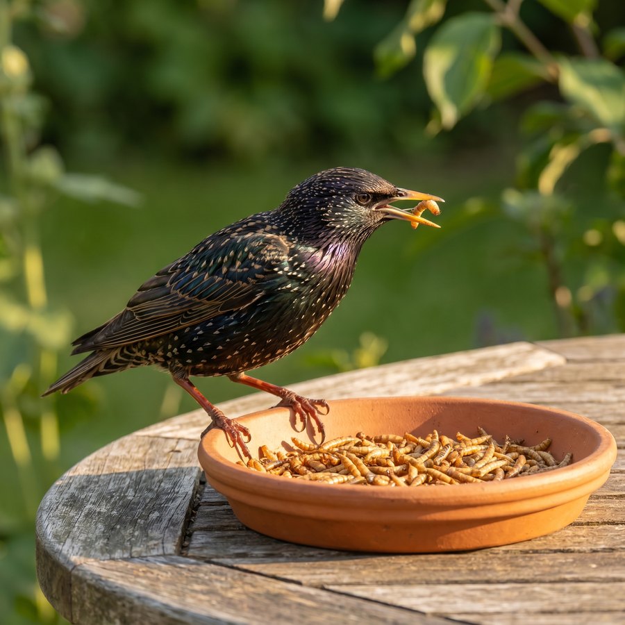 Spreeuw eet black soldier fly larven uit een schaaltje in de tuin