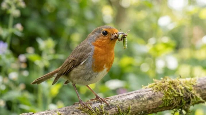 Roodborst met een snavel vol insecten in een groene, insectenrijke tuin