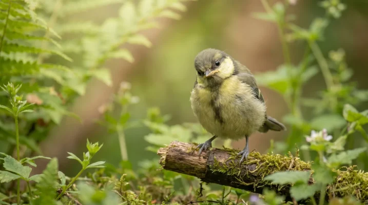 Jonge uitgevlogen koolmees met gele waas op de wangen op een lage tak in een tuin
