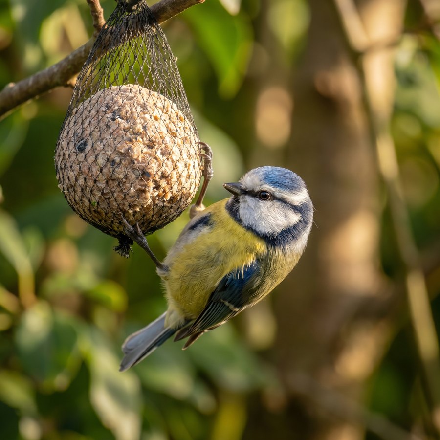 Pimpelmees met blauw petje hangt aan een vetbol in de tuin