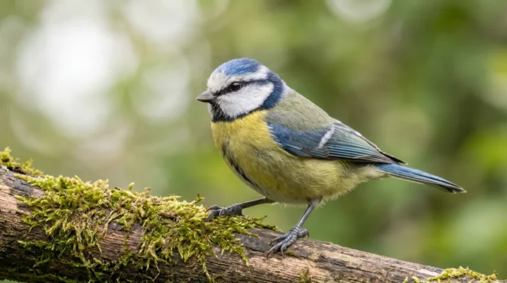 Pimpelmees met blauw petje en gele buik op een takje in de tuin