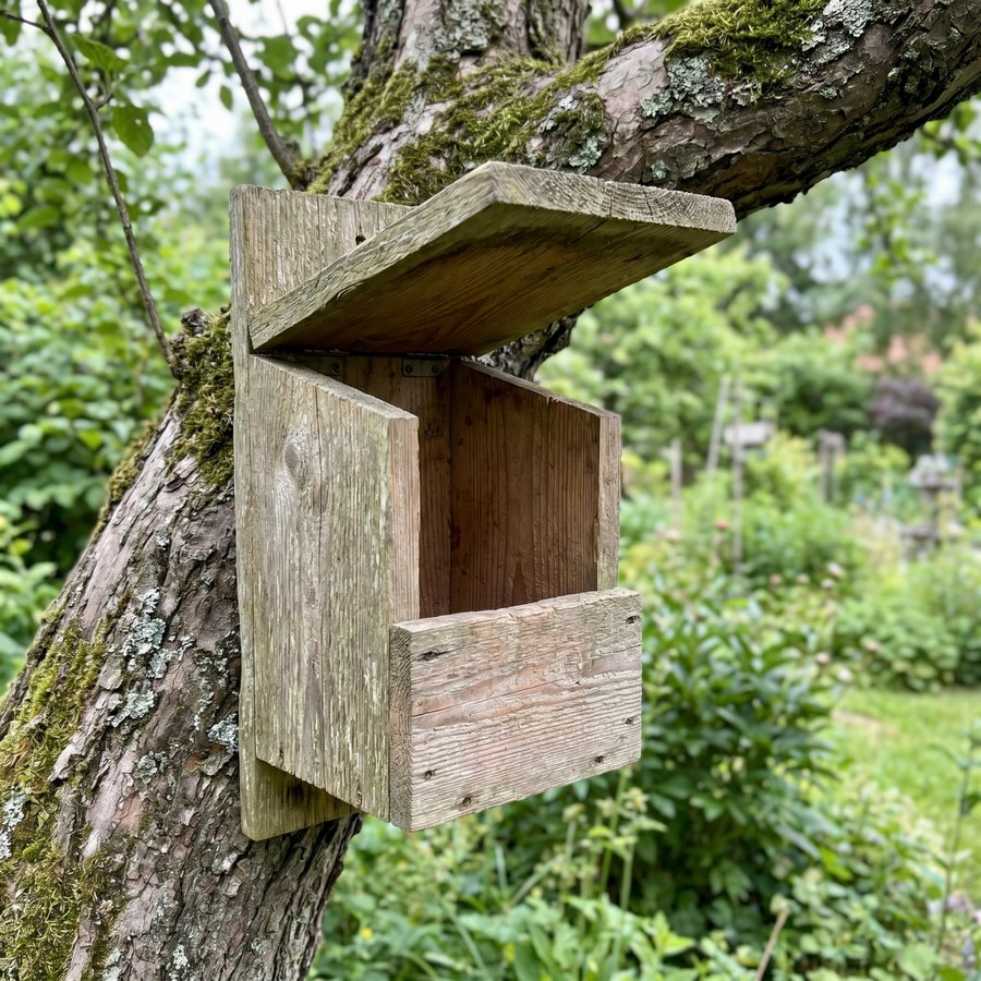 Halfopen houten nestkast aan een oude boomstam in een tuin