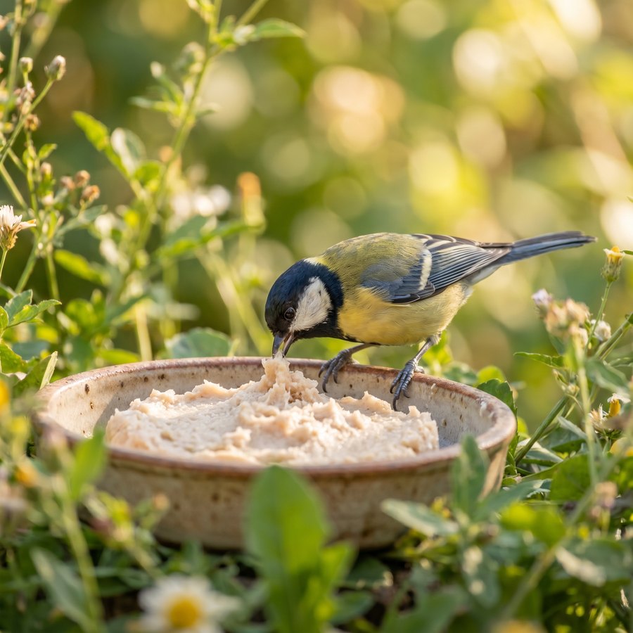 Koolmees eet van een schaaltje vogelmousse in een zomerse tuin