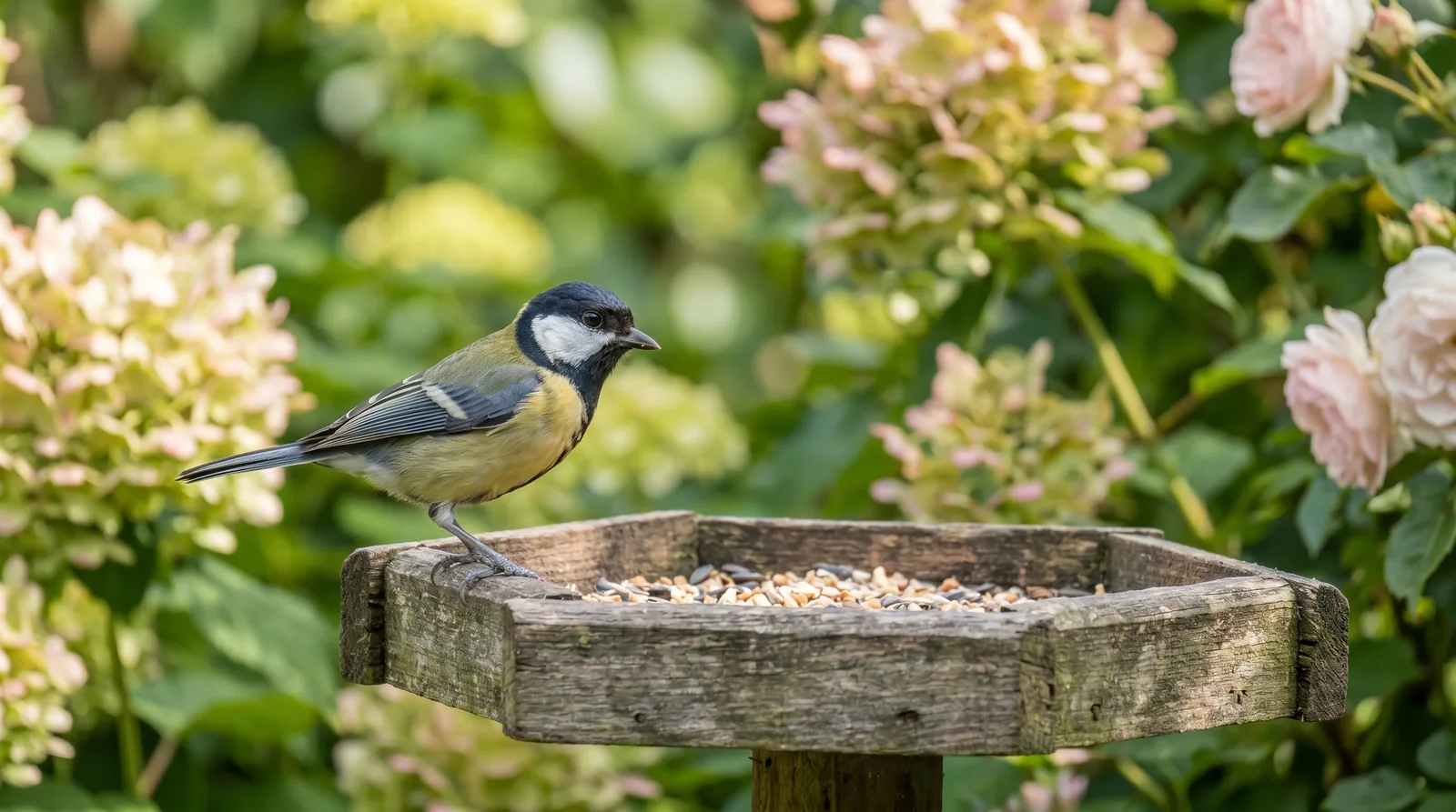 Koolmees pikt voer van een voederplek in een groene zomerse tuin