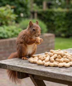 Eekhoorn eet premium doppinda's van de voedertafel