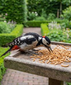 Grote bonte specht eet Gedroogde meelwormen voor tuinvogels en siervissen van de voedertafel