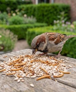 Huismus eet Gepelde zonnebloempitten met meelwormen van de voedertafel