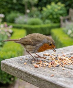 Roodborstje eet High Energy Plus voordeelpakket van de voedertafel
