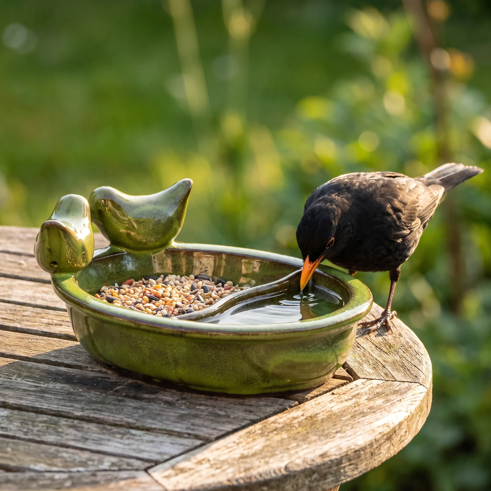 Merel bij een groene drinkschaal in de tuin