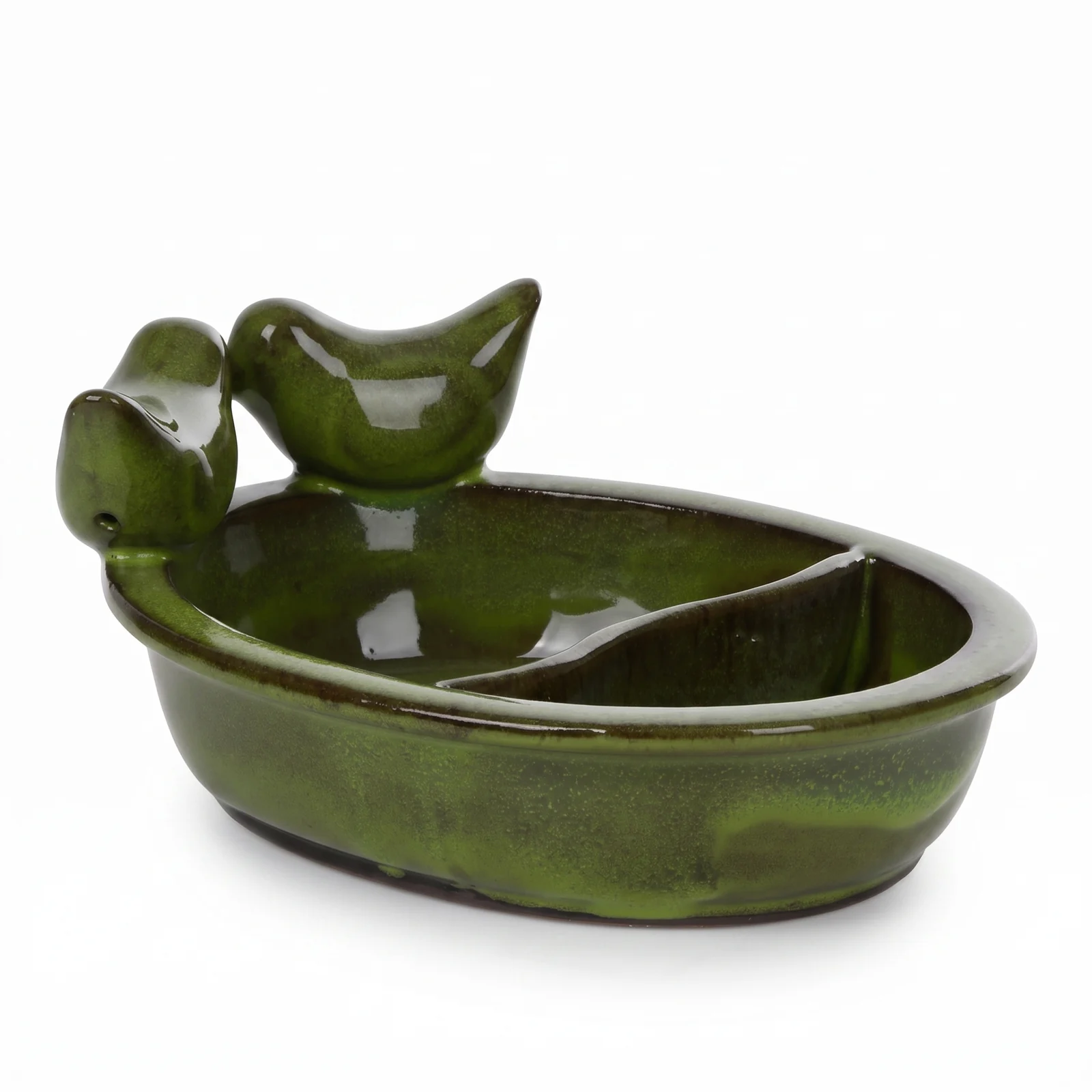 Groene keramieken drinkschaal met twee vakken, close-up